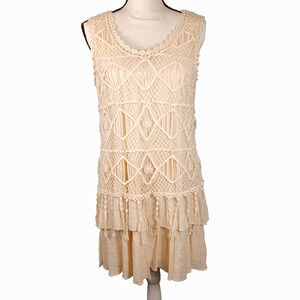 Blu Pepper Cream Crochet Tiered Shift Dress M Boho Cottagecore Sleeveless